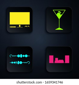 Set Home stereo with two speakers , Video game console , Grilled shish kebab and Martini glass . Black square button. Vector