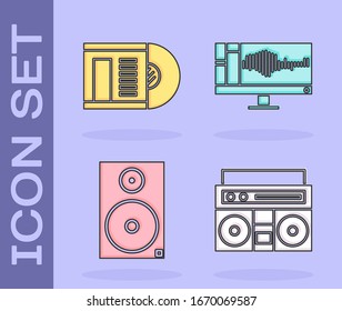 Ajuste estéreo doméstico con dos altavoces, disco de vinilo, altavoz estéreo y grabador de sonido o audio en el icono del monitor. Vector
