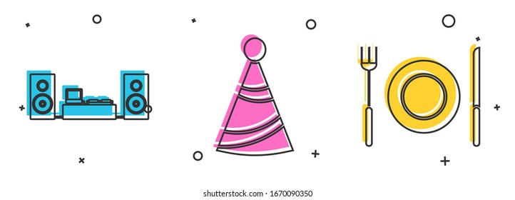 Set Home stereo with two speakers , Party hat  and Plate, fork and knife  icon. Vector