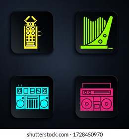 Set Home stereo with two speakers, Microphone, DJ remote for playing and mixing music and Harp. Black square button. Vector