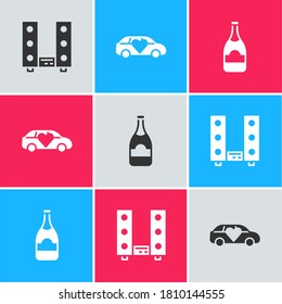 Set Home stereo with two speakers, Limousine car and Champagne bottle icon. Vector