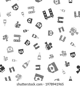 Set Home stereo with two speakers, Envelope Valentine heart, Cinema camera and Champagne bottle on seamless pattern. Vector