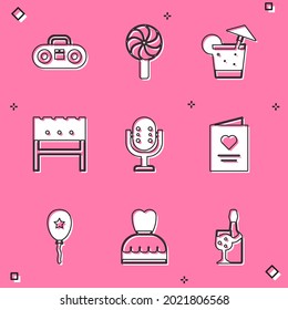 Set Home stereo with two speakers, Lollipop, Cocktail, BBQ brazier, Microphone, Postcard heart, Balloon ribbon and Woman dress icon. Vector
