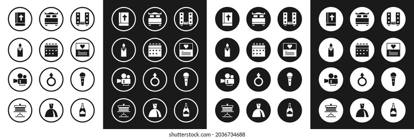 Set Home stereo with two speakers, Calendar, Burning candle, Holy bible book, Greeting card, Bedroom, Microphone and Cinema camera icon. Vector