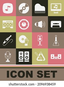 Set Home stereo with two speakers, Balalaika, Retro audio cassette tape, Grand piano, Sound mixer controller, Guitar amplifier, Music note, tone and Megaphone icon. Vector