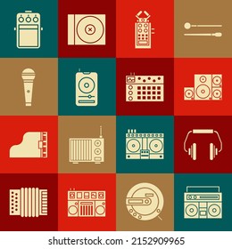 Set Home stereo with two speakers, Headphones, Stereo, Microphone, Music player, Guitar pedal and Drum machine icon. Vector