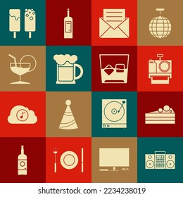 Set Home stereo with two speakers, Cake, Photo camera, Envelope invitation card, Wooden beer mug, Martini glass, Ice cream and Glass of whiskey and ice cubes icon. Vector