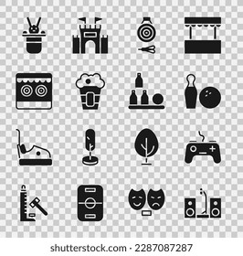 Set Home stereo with two speakers, Gamepad, Bowling pin and ball, Classic dart board arrow, Popcorn box, Shooting gallery, Magician hat rabbit and Bottles icon. Vector