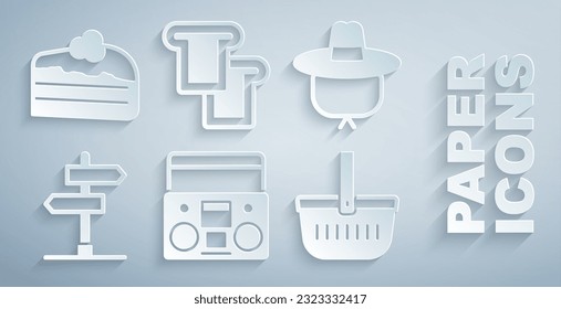 Set Home stereo with two speakers, Camping hat, Road traffic sign, Picnic basket, Bread toast and Piece of cake icon. Vector