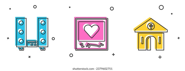 Set Home stereo with two speakers, Photo frames and hearts and Church building icon. Vector