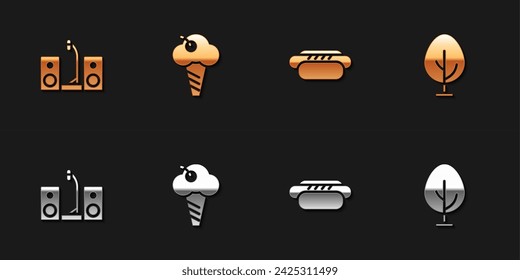 Set Home stereo with two speakers, Ice cream in waffle cone, Hotdog and Tree icon. Vector