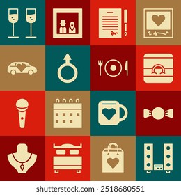 Estéreo con dos altavoces, pajarita, anillos de boda, contrato de matrimonio, símbolo de género masculino, coche de limusina, vaso de champán y placa, tenedor y cuchillo icono. Vector