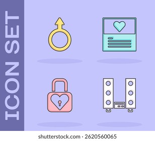 Estéreo con dos altavoces, símbolo de género masculino, bloqueo y corazón e icono de tarjeta de felicitación. Vector