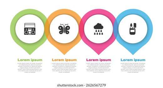 Set Home stereo with two speakers, Butterfly, Cloud rain and Lighter. Business infographic template. Vector