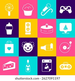 Set Home stereo with two speakers, Vinyl player disk, Slice of pizza, Microphone, Stereo, Ice cream waffle cone, Lollipop and Cake burning candles icon. Vector