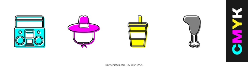 Set Home Stereo mit zwei Lautsprechern, Camping Hut, Papier Glas Wasser und Huhn Bein Symbol. Vektorgrafik