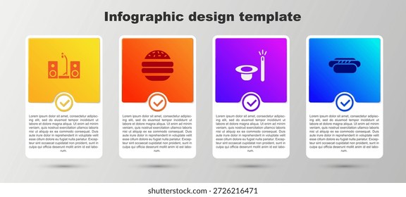 Defina o estéreo Home com dois alto-falantes, Burger, chapéu e varinha mágica e Hotdog. Modelo de infográfico comercial. Vetor