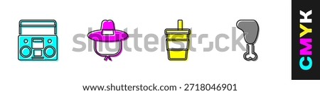 Set Home stereo with two speakers, Camping hat, Paper glass water and Chicken leg icon. Vector