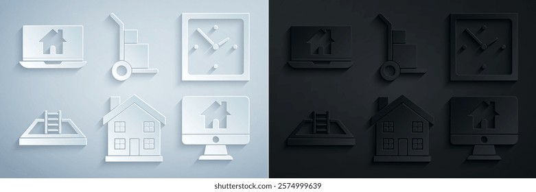 Set Home symbol, Clock, Swimming pool with ladder, Computer monitor smart home, Hand truck and boxes and Laptop icon. Vector