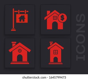 Set Home symbol, Hanging sign with text Sale, House with dollar symbol and House icon. Vector