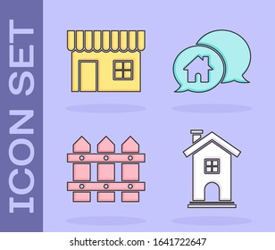Set Home symbol, Shopping building or market store, Garden fence wooden and House building in speech bubble icon. Vector