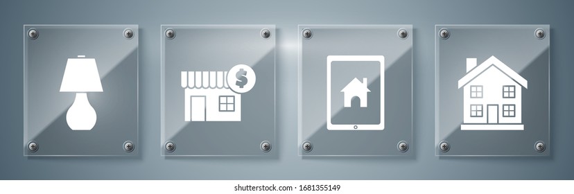 Set Home symbol, Tablet and smart home, House with dollar symbol and Table lamp. Square glass panels. Vector