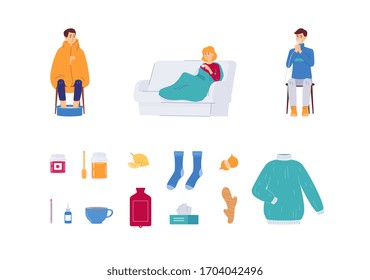 Set of home treatment of virus, coronavirus in flu season elements, flat vector illustration isolated on white background. Infectious diseases therapy icons.