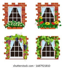 Set of home windows with curtains and flowers. Vector illustration on a white background.