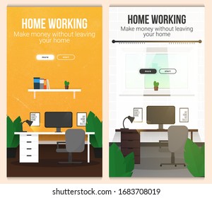 Juego de banners de Home Working con área de trabajo. Hogar. Plantilla de concepto independiente