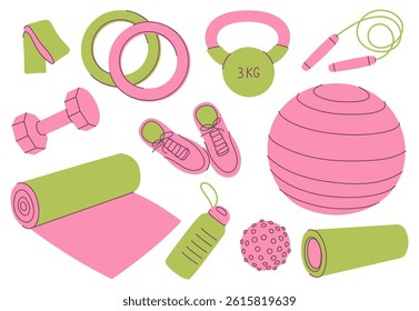 Set of home workout equipment. Perfect for sport, fitness and healthy lifestyle designs.