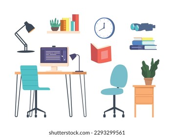 Set of Home Workplace Items and Furniture. Desk With Computer And Chair, Table Lamp, Clock And Plant, Bookshelf