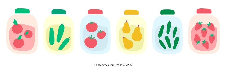 Set of home-canned food - vegetables, fruits, berries. Harvesting for winter. Pickled cucumbers, tomatoes. Compote of pears, apples, strawberries. Natural food. Hand-made. Flat Vector illustration.