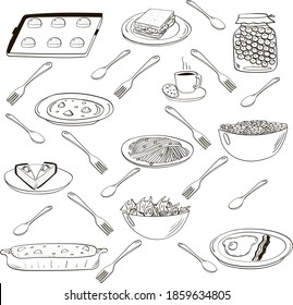 Set of home-cooked meales. Hand drawn doodle vector illustration