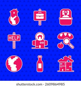 Set Homeless cardboard house, Bottle of water, Searching for food, Global economic crisis, Ask help text, Sleeping bag and Shelter homeless icon. Vector