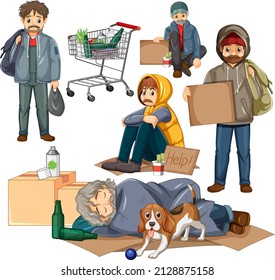 Conjunto de personas sin hogar en diferentes ilustraciones de poses