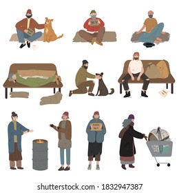 Set of homeless men and women living on streets