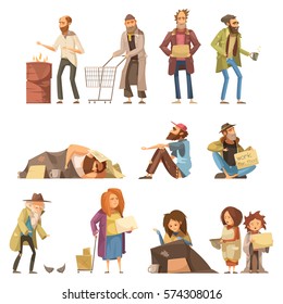 Set of homeless people including adults and kids begging money and needing help isolated vector illustration