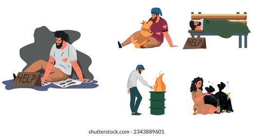 Set of Homeless People, Male and Female Beggars Characters Begging Money, Need Help and Work, Bums Wearing Ragged Clothing Pick Up Garbage on Street, Sleep on Bench. Cartoon Vector Illustration