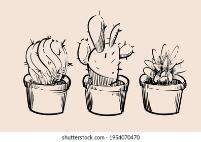 Set of homemade cacti in pots sketch drawing