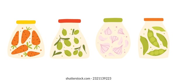 Un conjunto de verduras enlatadas caseras. Ilustración vectorial en un estilo plano. Colección de jarras con pepinillos caseros.
