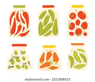 A set of homemade canned vegetables. Vector illustration in a flat style. Collection of jars with homemade pickles.