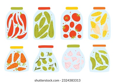 A set of homemade canned vegetables. Vector illustration in a flat style. Collection of jars with homemade pickles.