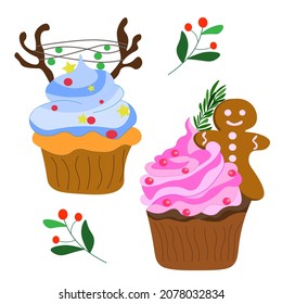 set of homemade Christmas cupcakes, sponge muffins with buttercream and fudge, decorated with gingerbread, cookies. Traditional Christmas pastries with frosting figure. symbol of the winter holiday