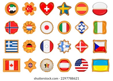 Set homemade cookie with flag country world in tasty biscuit, cookie consist of sign flag country world on natural biscuit, fresh biscuit cookie with flag country world it new collectible sweet food