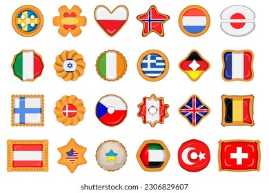 Set homemade cookie with flag country world in tasty biscuit, cookie consist of sign flag country world on natural biscuit, fresh biscuit cookie with flag country world it new collectible sweet food