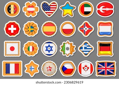 Set homemade cookie with flag country world in tasty biscuit, cookie consist of sign flag country world on natural biscuit, fresh biscuit cookie with flag country world it new collectible sweet food