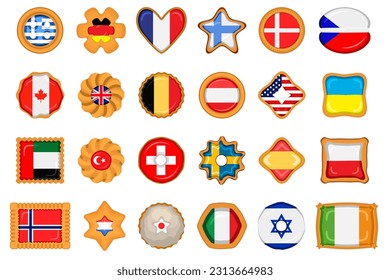 Set homemade cookie with flag country world in tasty biscuit, cookie consist of sign flag country world on natural biscuit, fresh biscuit cookie with flag country world it new collectible sweet food