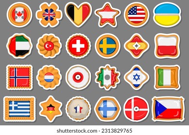 Set homemade cookie with flag country world in tasty biscuit, cookie consist of sign flag country world on natural biscuit, fresh biscuit cookie with flag country world it new collectible sweet food