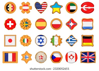 Set homemade cookie with flag country world in tasty biscuit, cookie consist of sign flag country world on natural biscuit, fresh biscuit cookie with flag country world it new collectible sweet food