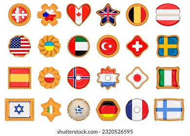 Set homemade cookie with flag country world in tasty biscuit, cookie consist of sign flag country world on natural biscuit, fresh biscuit cookie with flag country world it new collectible sweet food